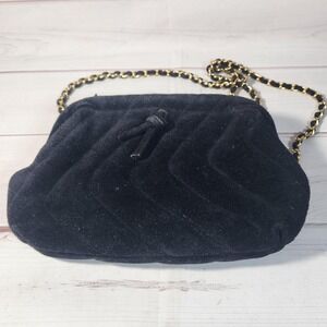 ETRA‎ Black Velvet Evening Bag Gold Chain Strap Vintage Purse Clutch